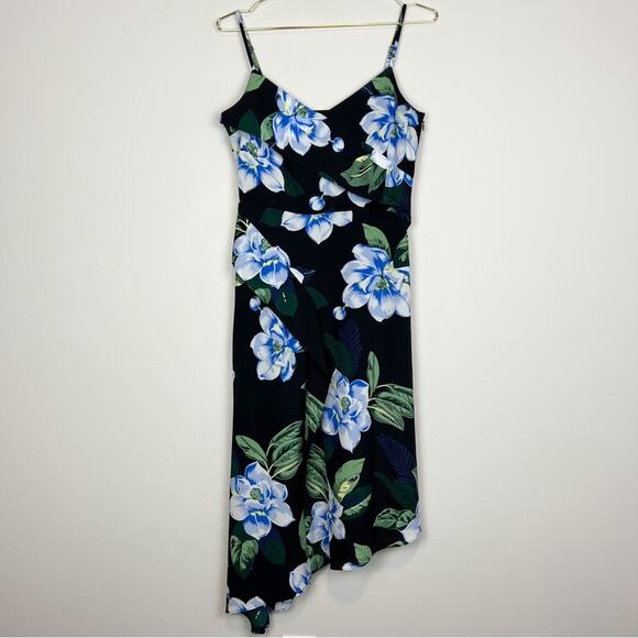 Banana Republic Black‎ Blue Floral Asymmetrical Faux Wrap Midi Dress Size 2 - Picture 2 of 9